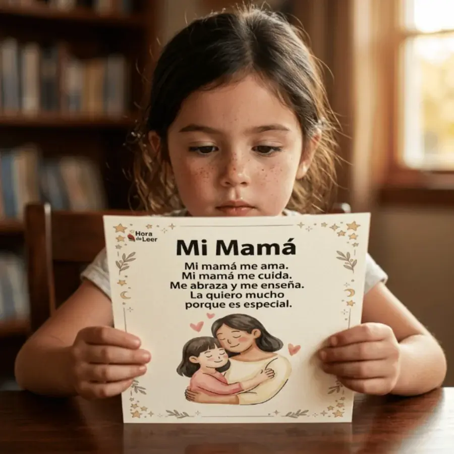 Niña leyendo la carta Mi Mamá