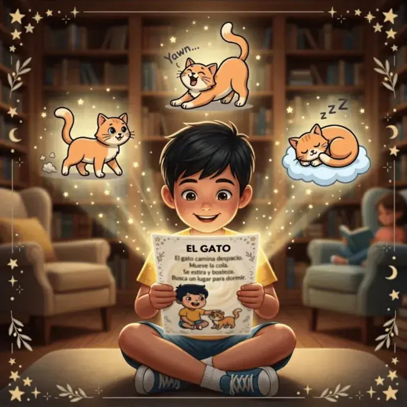 Niño imaginando la historia de la carta El Gato