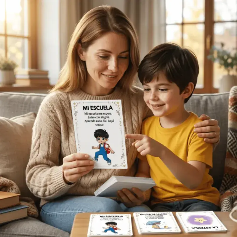 Mamá e hijo leyendo juntos las cartas Hora de Leer