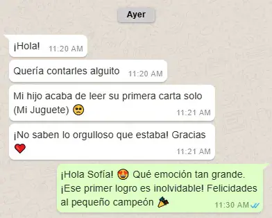 Captura de WhatsApp: testimonio real de una mamá sobre la primera lectura de su hijo con Hora de Leer